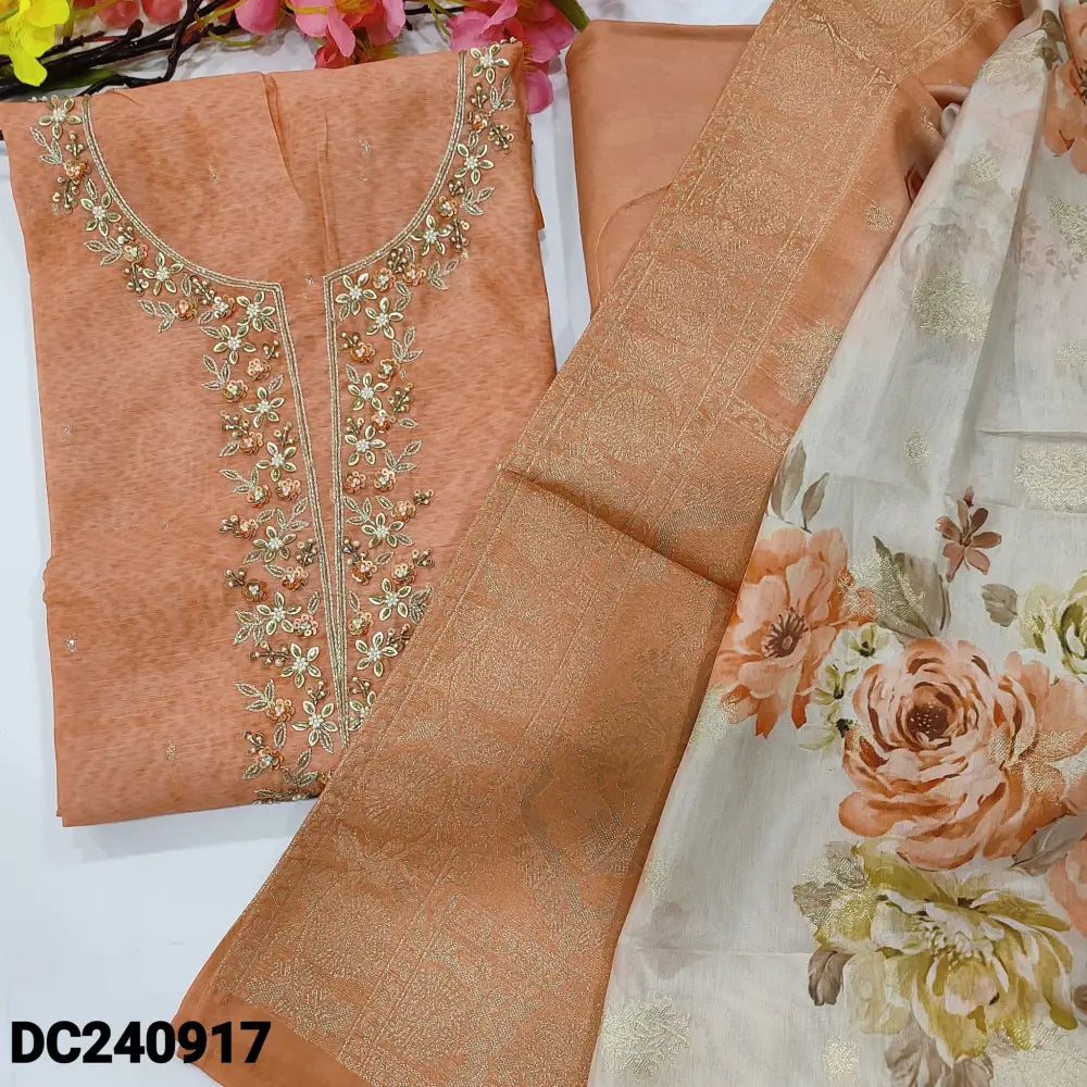 CODE DC240917: Peach designer digital printed silk cotton unstitched salwar material bead& sequins work on yoke zari