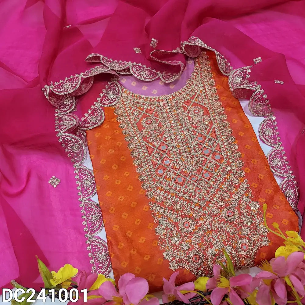 CODE DC241001: Dark peach &pink designer bandhini printed russian silk semi stitched salwar material(FIT UPTO XL)zari