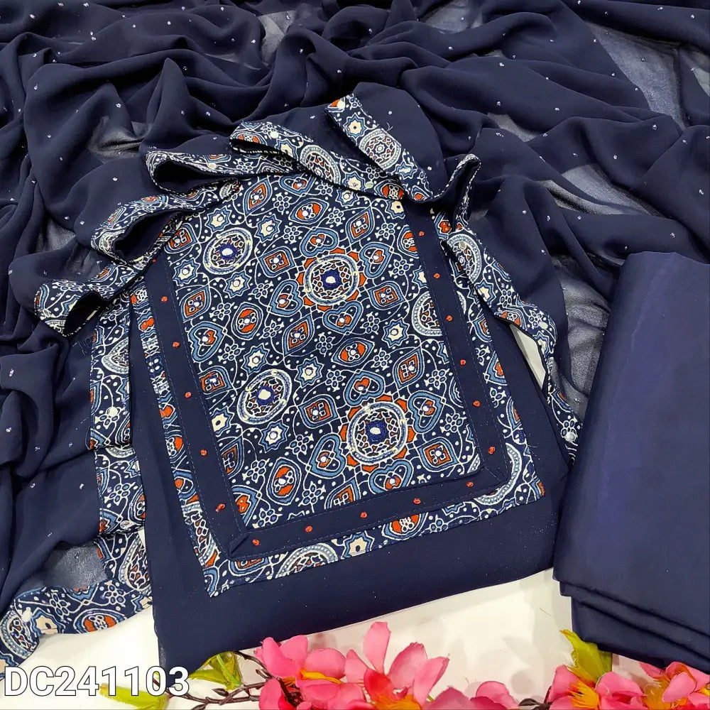 CODE DC241103: Dark blue semi georgette unstitched salwar material ajrak printed yoke with real mirror work(lining