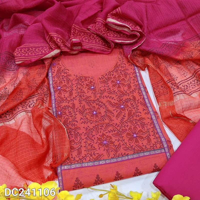 CODE DC241106: Peachish pink hand block printed south handloom cotton unstitched salwar material mirror thread& zari