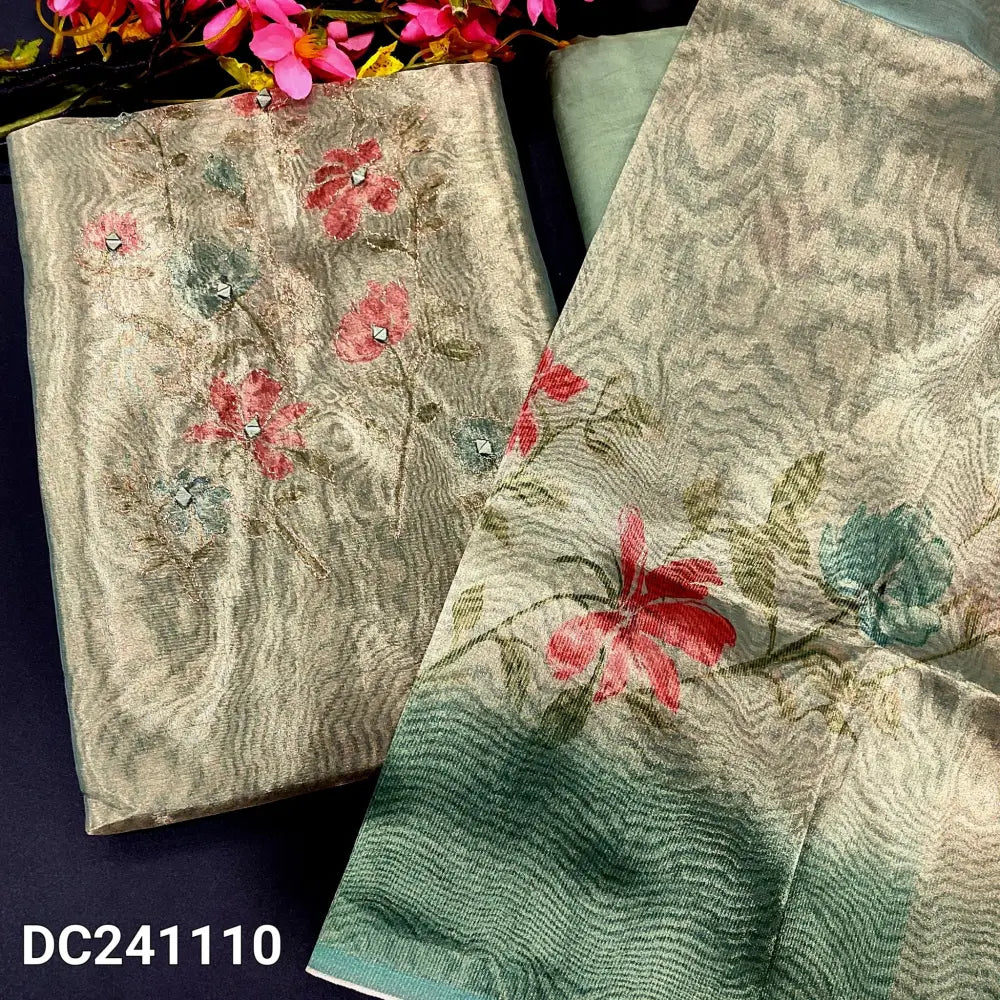 CODE DC241110: Pastel green with golden tint digital printed tissue silk cotton unstitched salwar material zari& real