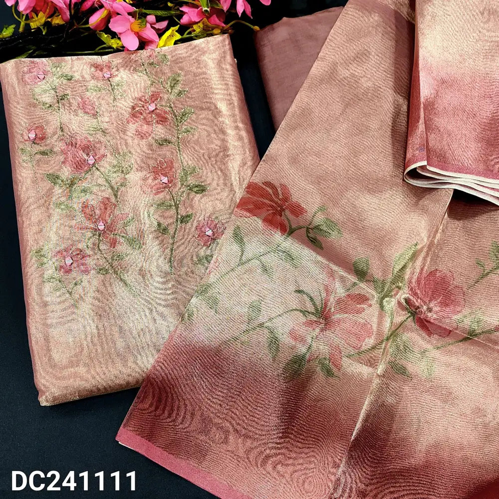 CODE DC241111: Pale pink with golden tint digital printed tissue silk cotton unstitched salwar material zari& real