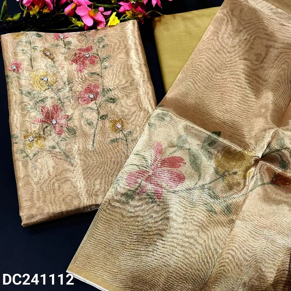 CODE DC241112: Golden beige digital printed tissue silk cotton unstitched salwar material zari& real mirror work