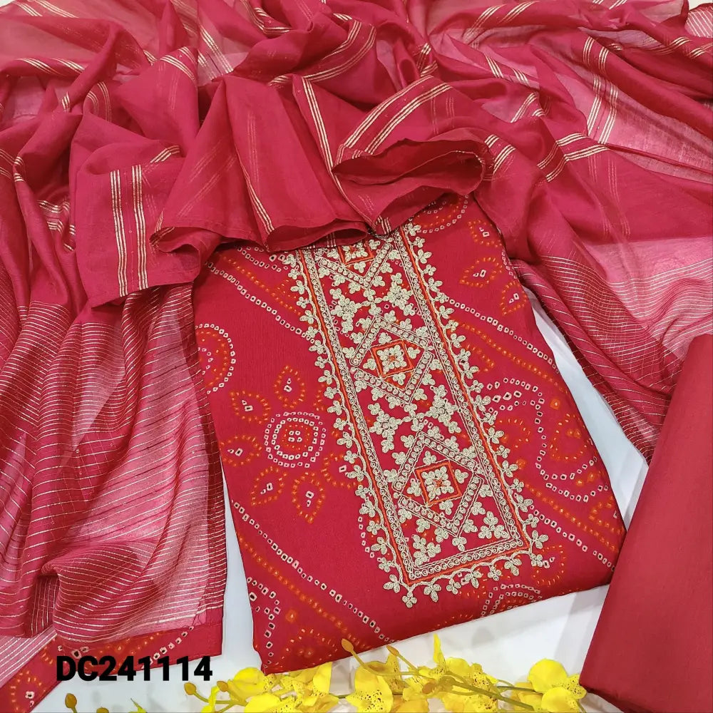CODE DC241114: Dark pink bandhini printed modal maslin silk unstitched salwar material zari work on yoke(lining