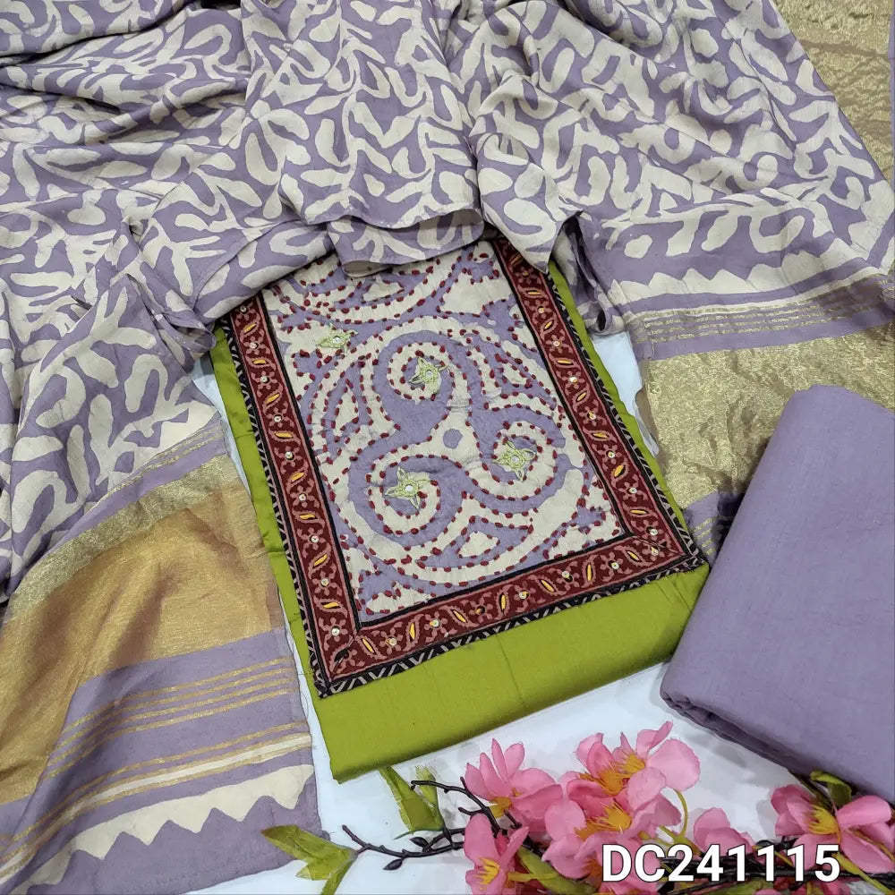 CODE DC241115: Light green satin cotton unstitched salwar material batik dyed yoke patch with thread& sequins