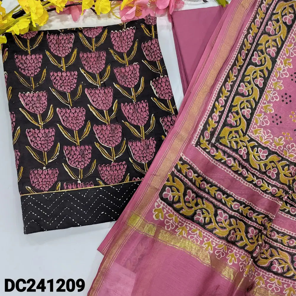 CODE DC241209: Black base designer purple hand block printed pure Maheshwari silk unstitched salwar material(lining