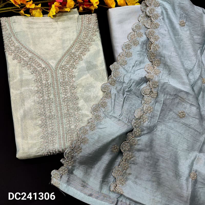 CODE DC241306: Light bluish grey digital printed fancy soft tissue silk cotton unstitched salwar material thread& zari