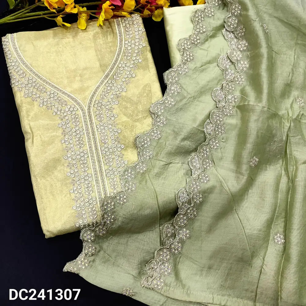 CODE DC241307: Pastel green digital printed fancy soft tissue silk cotton unstitched salwar material thread& zari work