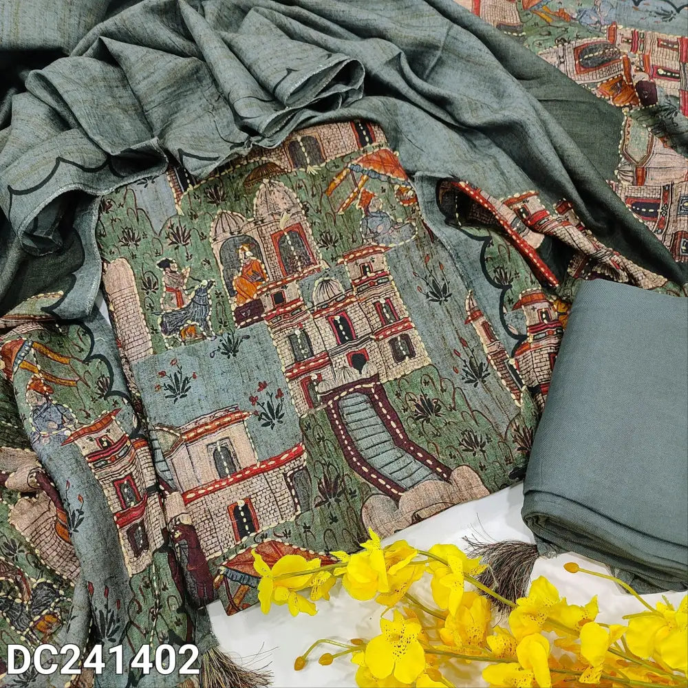 CODE DC241402: Grey base digital printed pure jakard dola silk unstitched salwar material hand embroidered