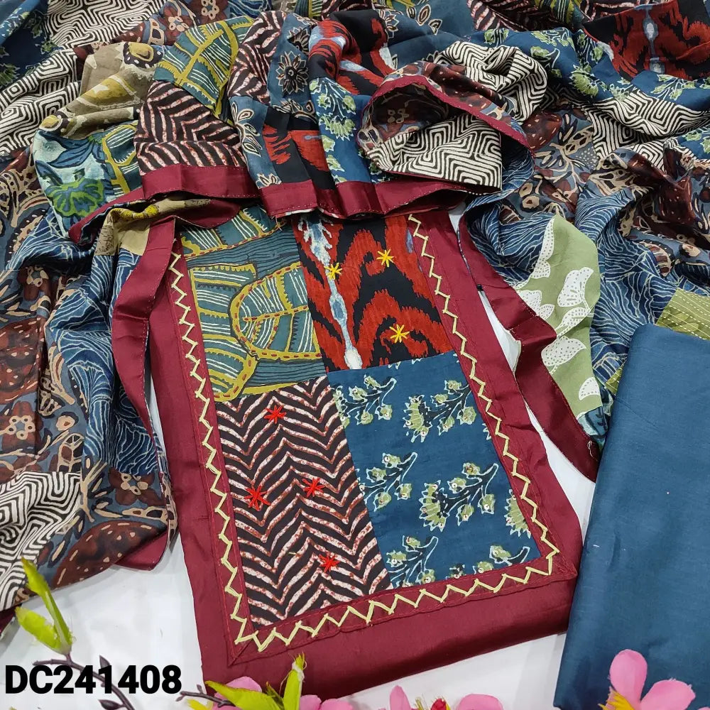CODE DC241408: Dark maroon satin cotton unstitched salwar material ajrak yoke patch with hand embroidered(lining