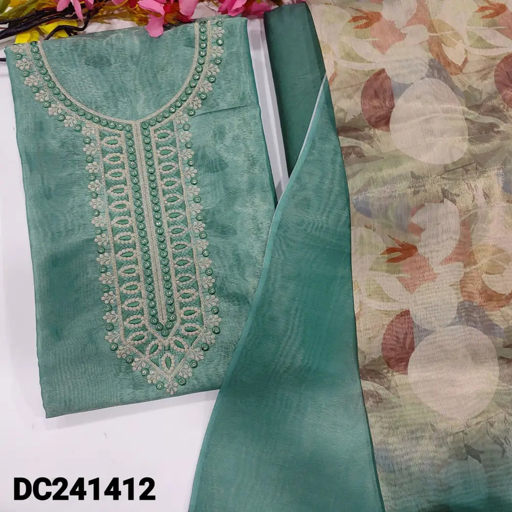 CODE DC241412: Pastel blue with golden tint digital printed tissue silk cotton unstitched salwar material thread&
