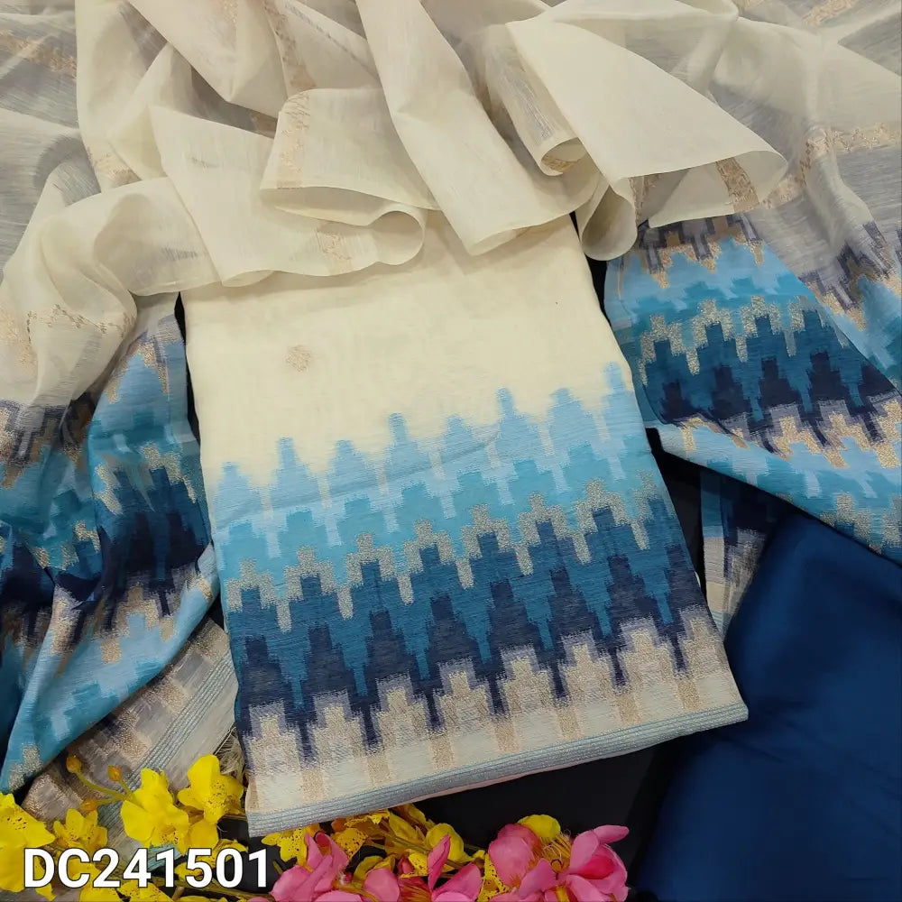 CODE DC241501: Half white base jamdani woven premium silk cotton unstitched salwar material(thin fabric lining