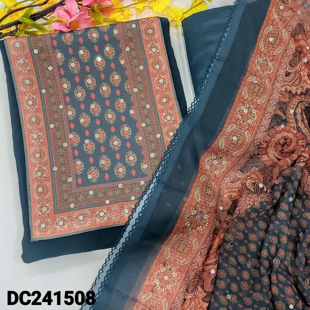 CODE DC241508: Dark teal blue semi georgette unstitched salwar material digital printed yoke with real mirror work(thin