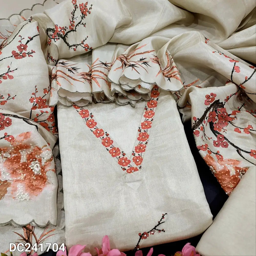 CODE DC241704: Beige with golden tint digital printed pure tissue silk unstitched salwar material printed v neck