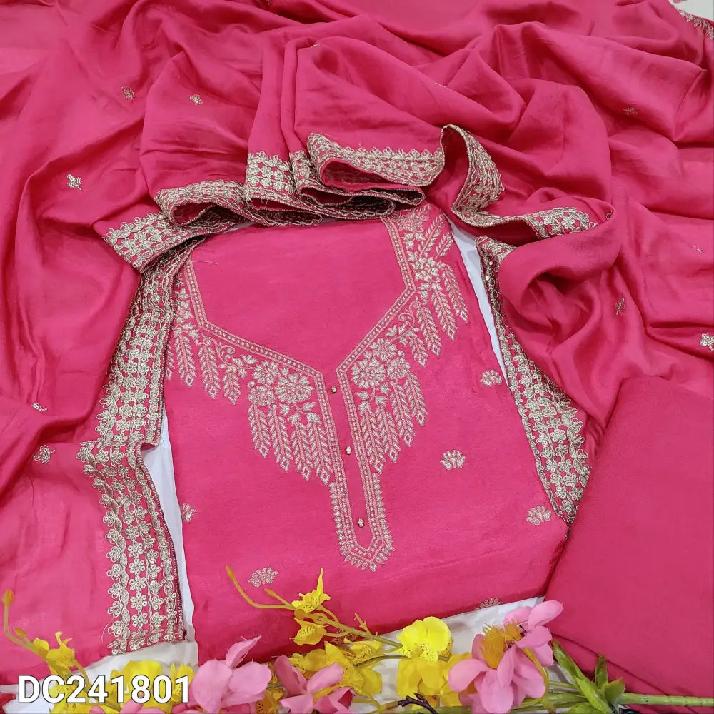 CODE DC241801: Bright pink pure dola silk unstitched salwar material zari weaving design on front(silky fabric lining