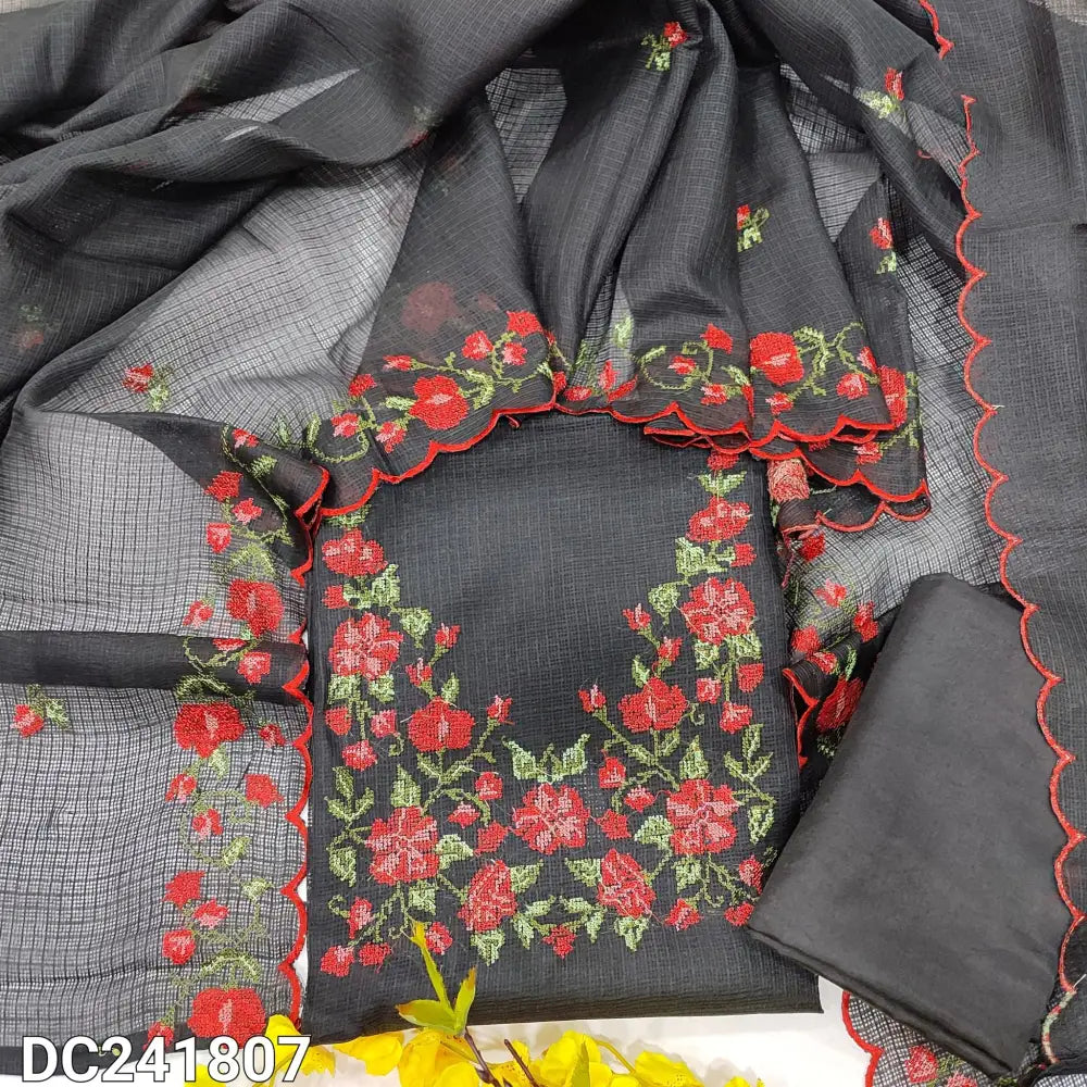 CODE DC241807: Black fancy super net unstitched salwar material cross stitch embroidered on yoke(netted fabric lining