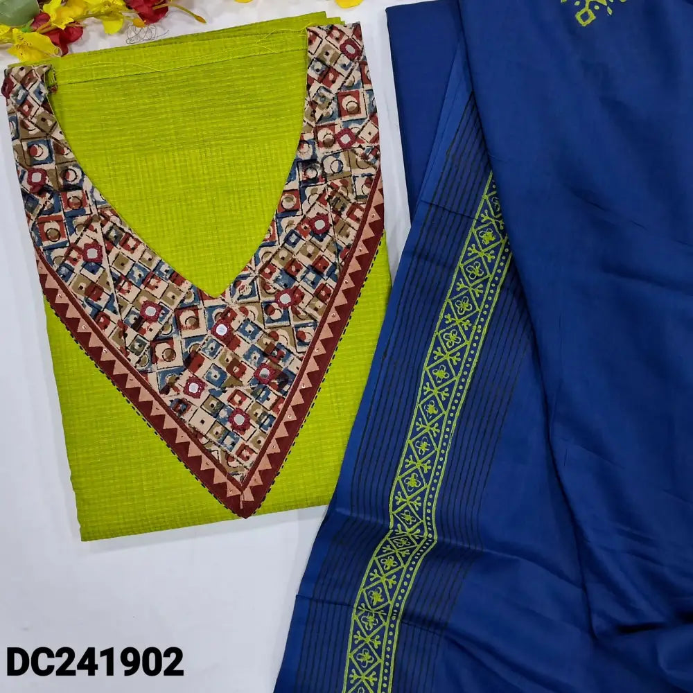 CODE DC241902: Bright green south handloom cotton unstitched salwar material v neck with kalamkari yoke patch& real
