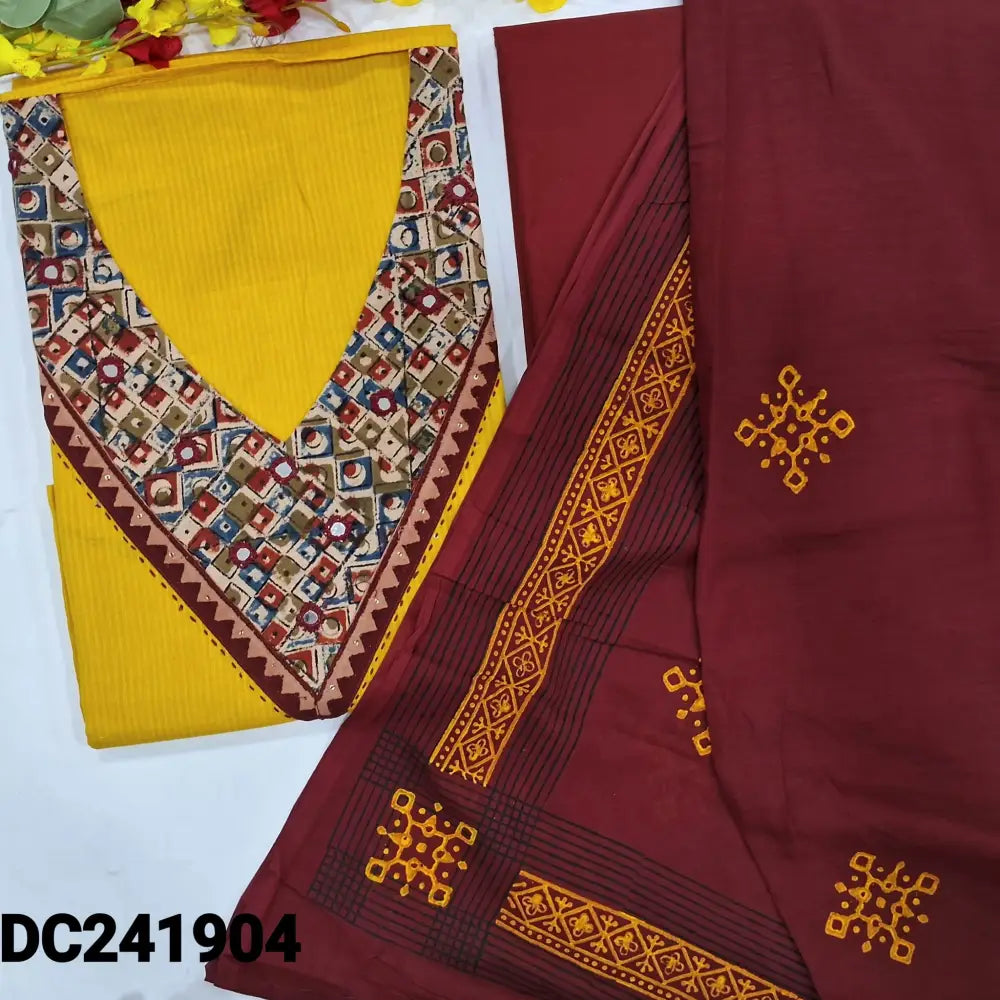 CODE DC241904: Yellow south handloom cotton unstitched salwar material v neck with kalamkari yoke patch& real mirror
