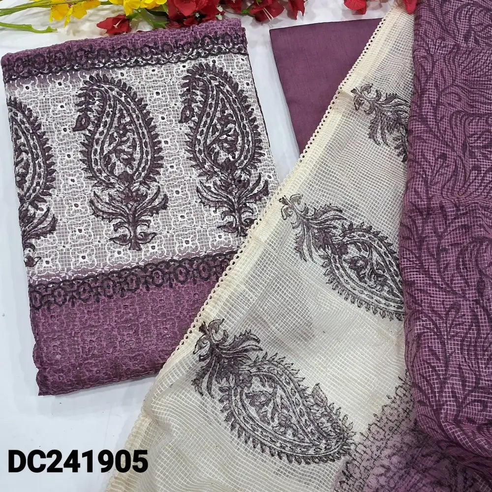 CODE DC241905: Dark mauve schiffli embroidered fancy super net unstitched salwar material block printed on yoke(netted