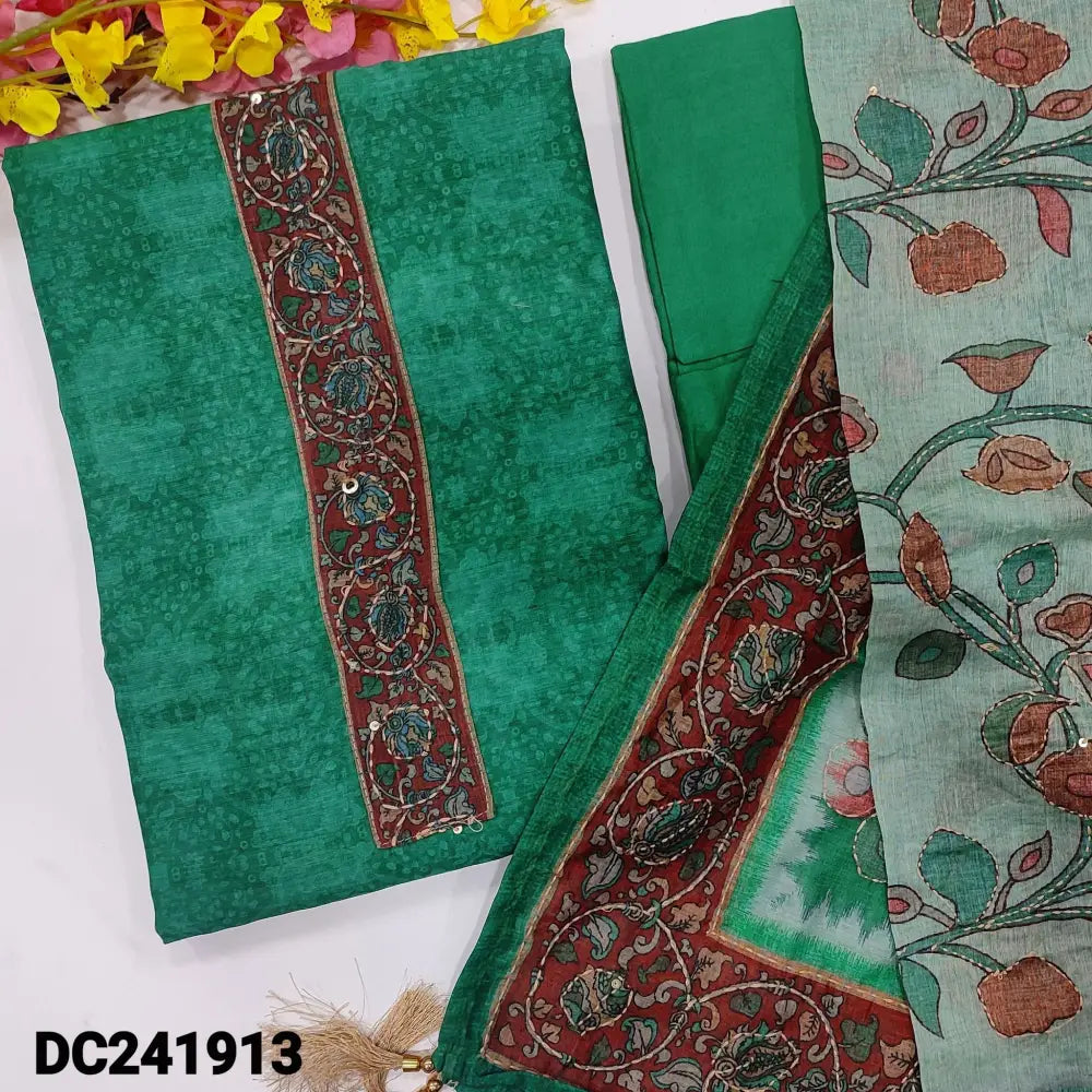 CODE DC241913: Turquoise green sobar digital printed silk cotton unstitched salwar material kantha stitch& sequins work