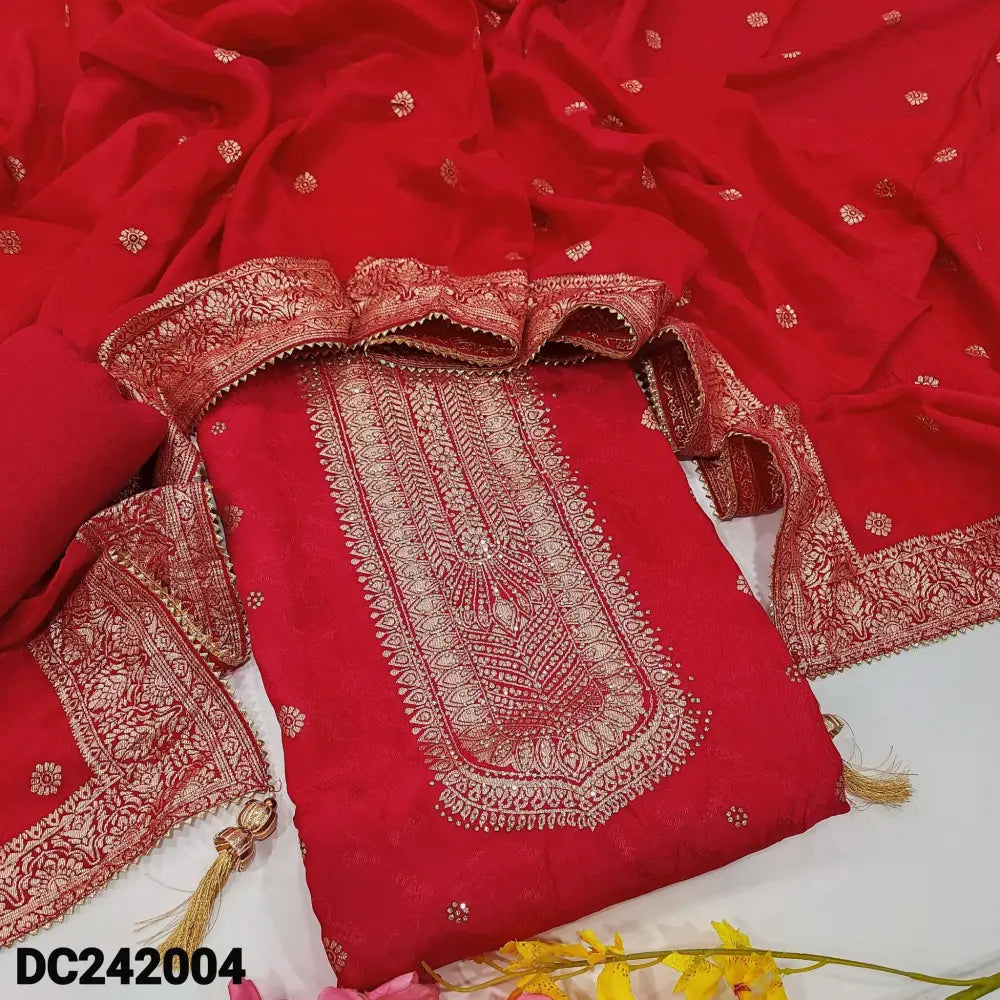 CODE DC242004: Red jakard dola silk unstitched salwar material zari work on yoke& front self design all over(silky