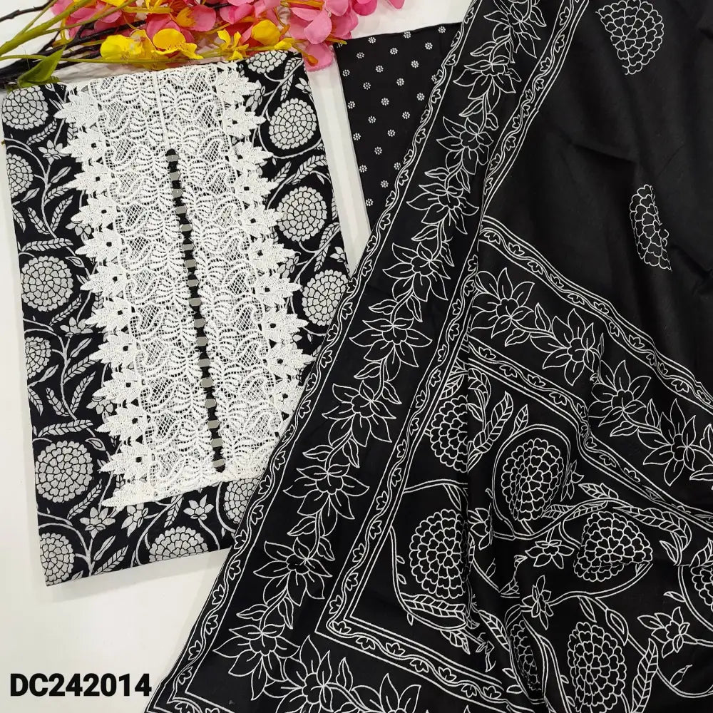 CODE DC242014: Black base printed soft cotton unstitched salwar material real mirror &lace work on yoke(lining