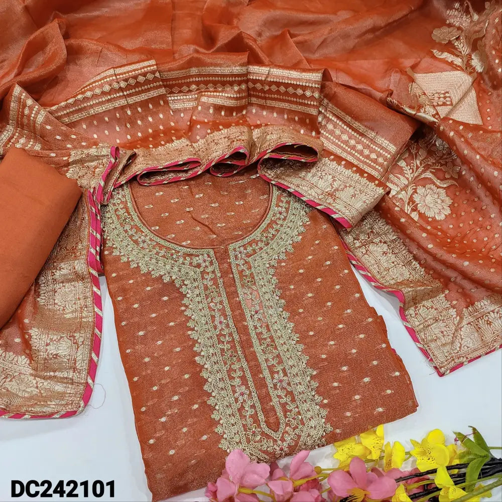 CODE DC242101: Dark peach tissue silk unstitched salwar material zari zardozi& sequins work on yoke zari buttas all