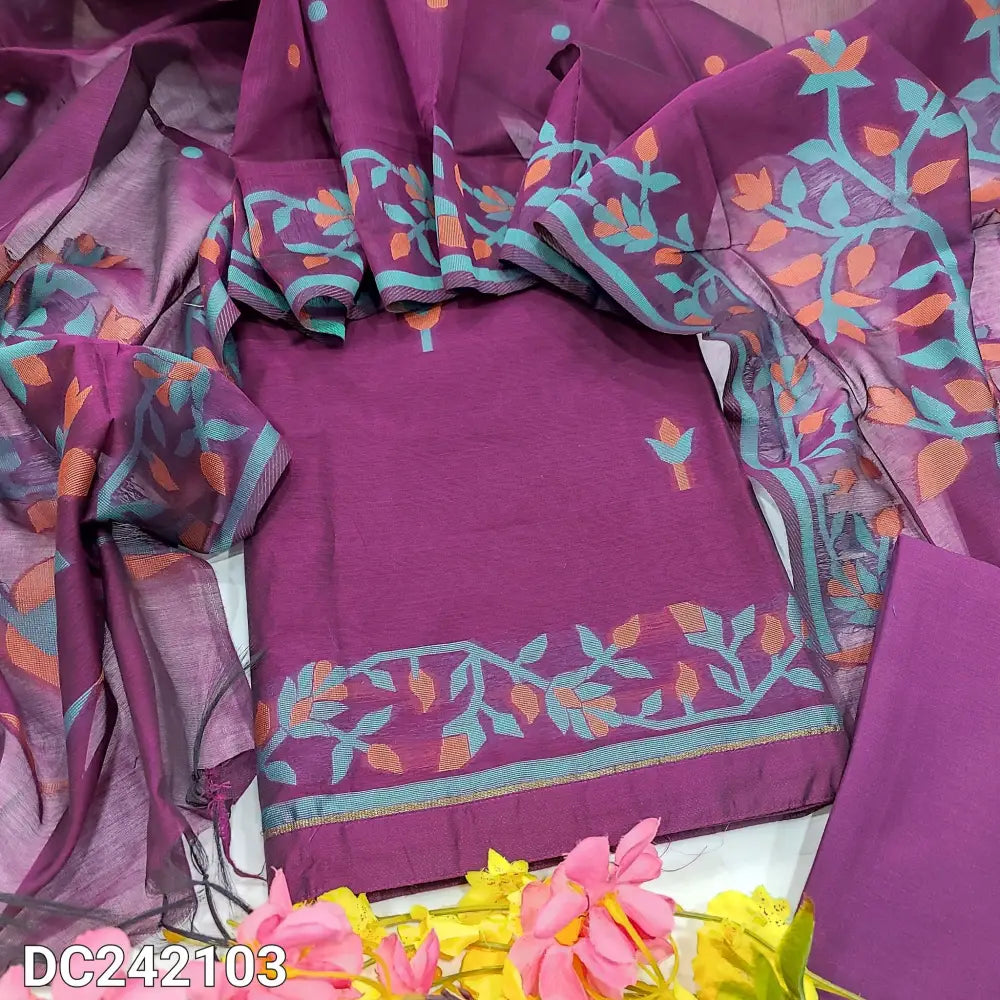 CODE DC242103: Dark beetroot purple jamdani woven premium silk cotton unstitched salwar material(thin fabric lining