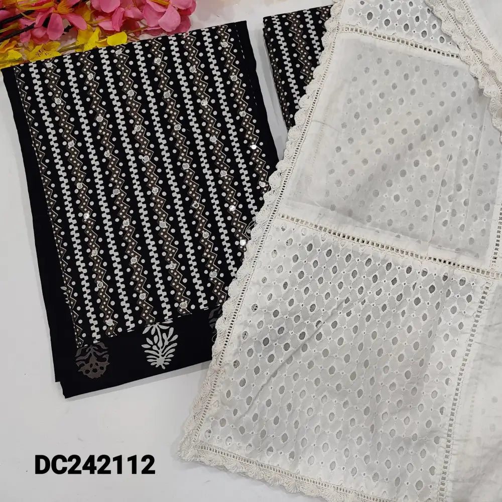 CODE DC242112: Black printed premium cotton unstitched salwar material faux mirror work on yoke(lining optional)printed