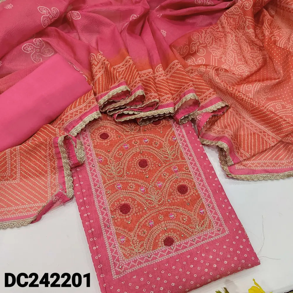 CODE DC242201: Pink bandhini printed crinkled tissue silk cotton unstitched salwar material zardozi& real mirror work