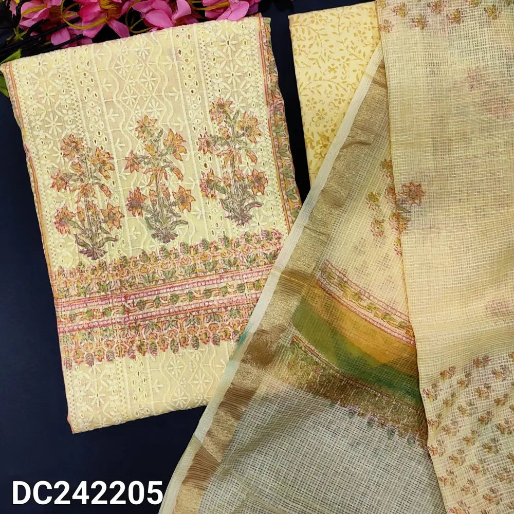 CODE DC242205: Pastel yellow block printed chikankari embroidered premium cotton unstitched salwar material panel