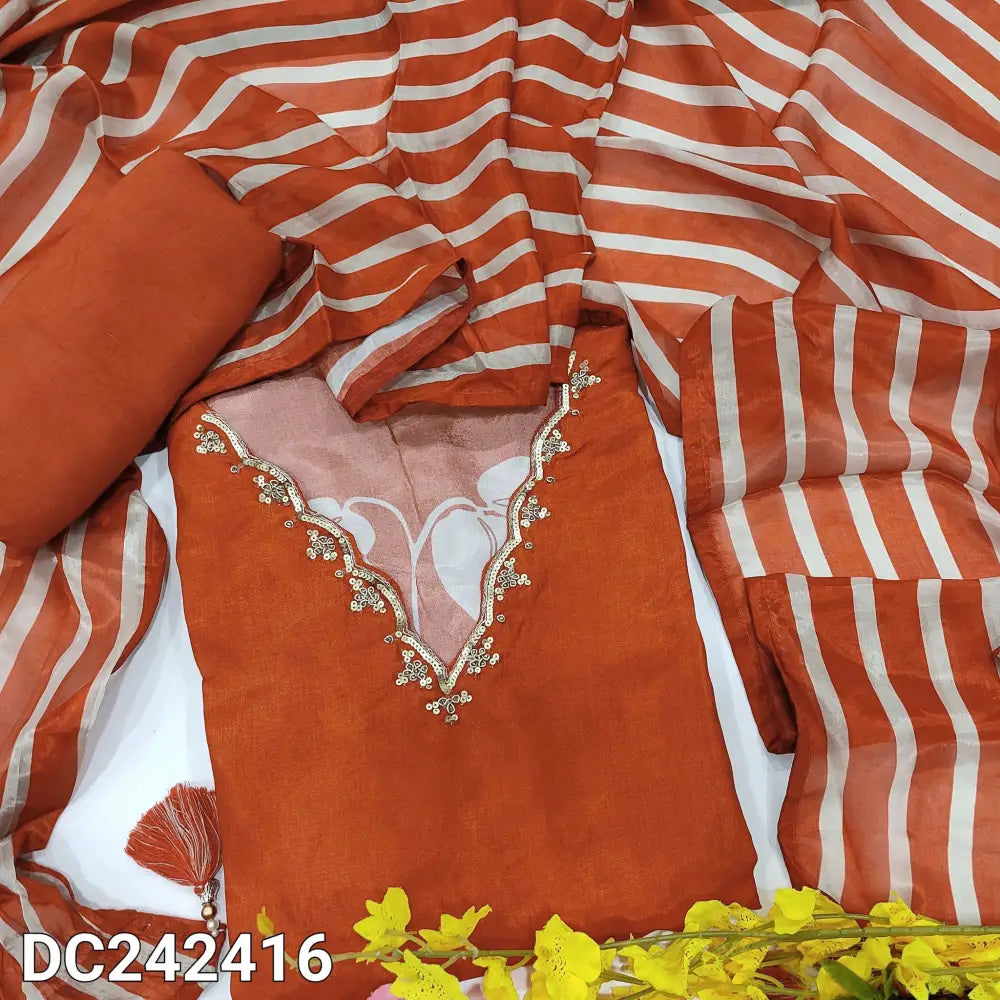 CODE DC242416: Brick red leafy printed russian silk unstitched salwar material v neck sequins work on yoke& front(shiny