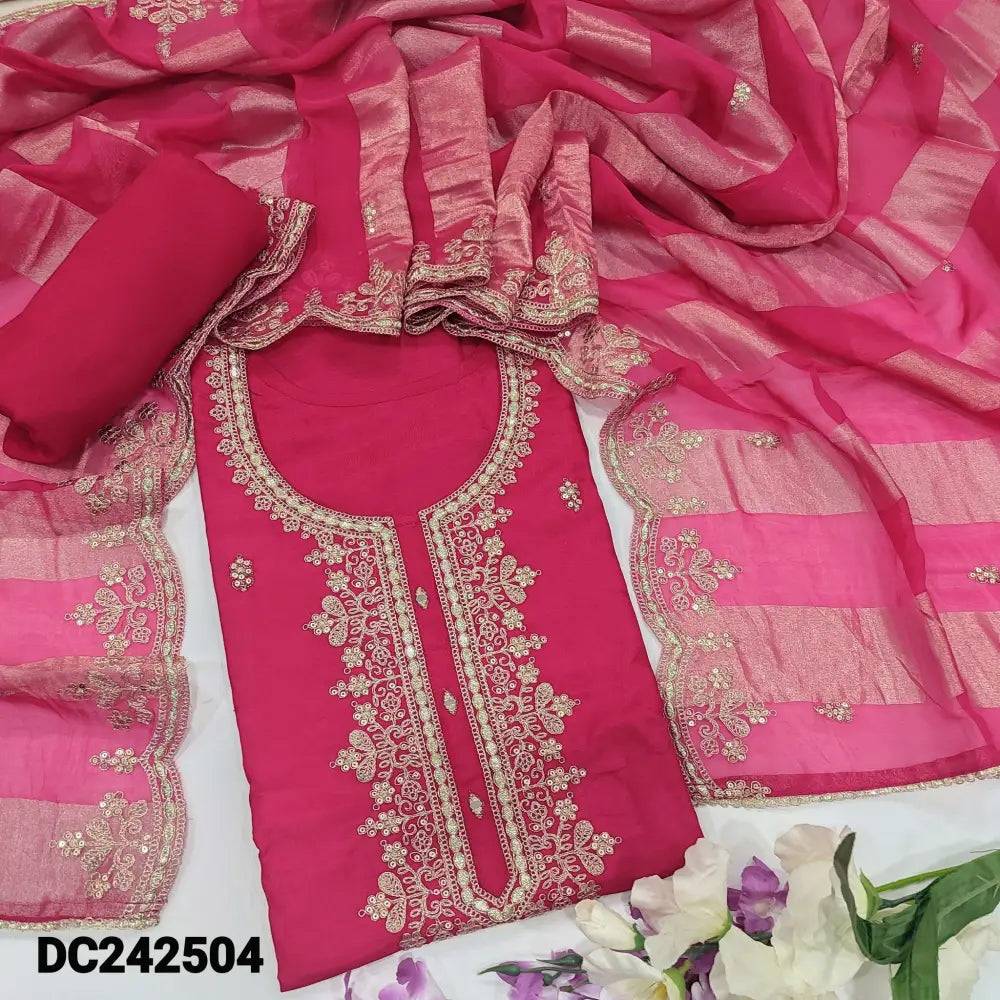 CODE DC242504: Bright pink designer pure dola silk unstitched salwar material zari& sequins work on yoke &front(shiny