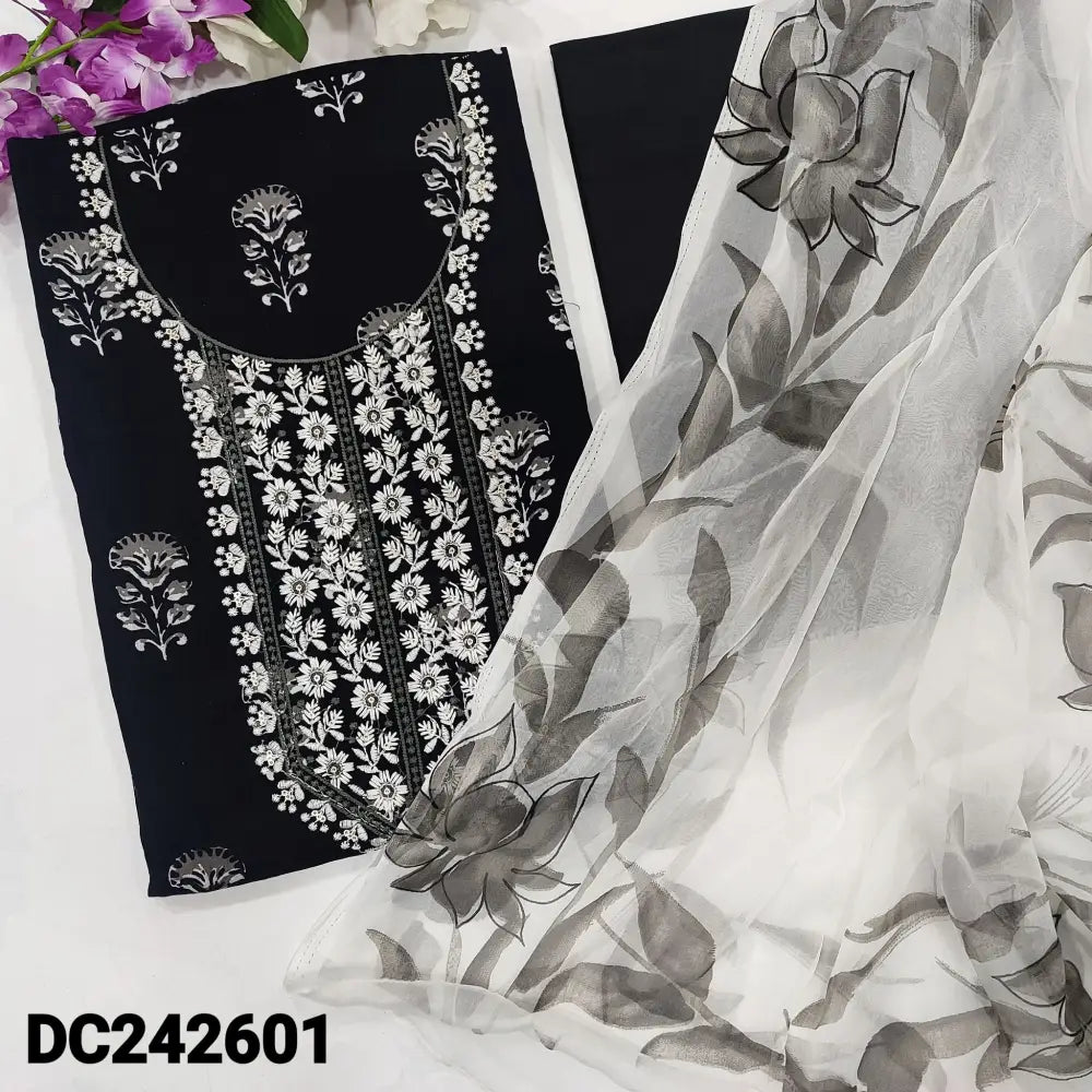 CODE DC242601: Black base printed soft cotton unstitched salwar material embroidered on yoke(lining optional)matching