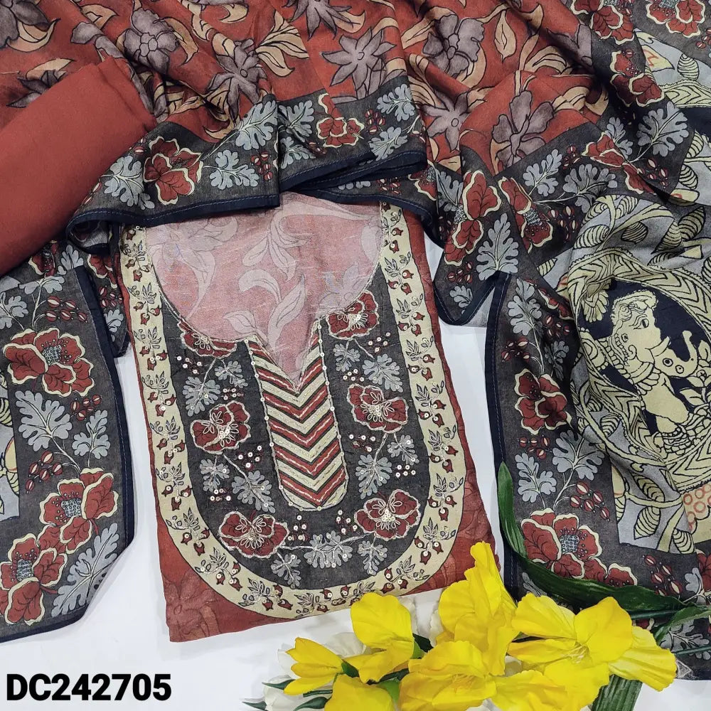 CODE DC242705: Brick red designer digital printed pure russian silk unstitched salwar material zari &sequins work