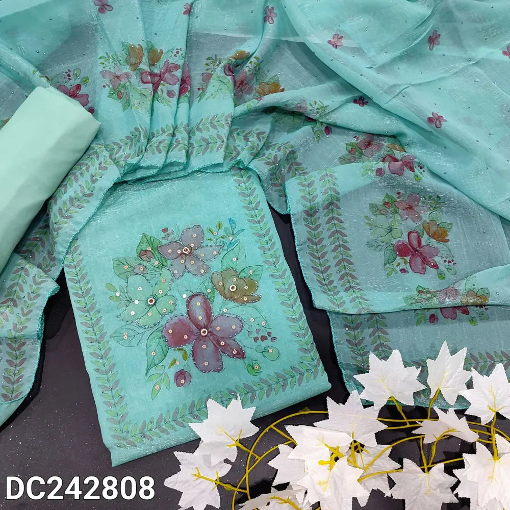 CODE DC242808: Blue jimmy choo unstitched salwar material floral printed yoke with sequins work(thin fabric lining