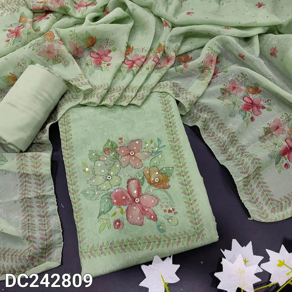 CODE DC242809: Pastel green jimmy choo unstitched salwar material floral printed yoke with sequins work(thin fabric