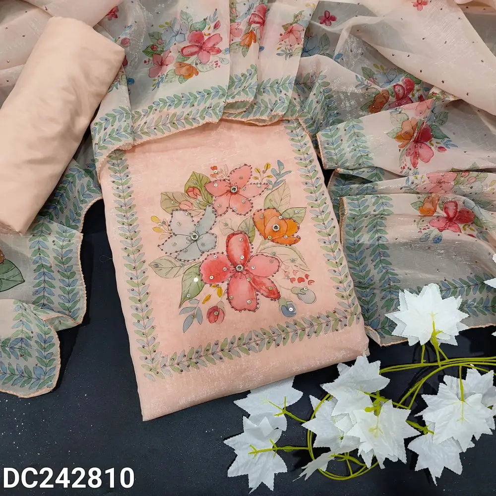 CODE DC242810: Peachish pink jimmy choo unstitched salwar material floral printed yoke with sequins work(thin fabric