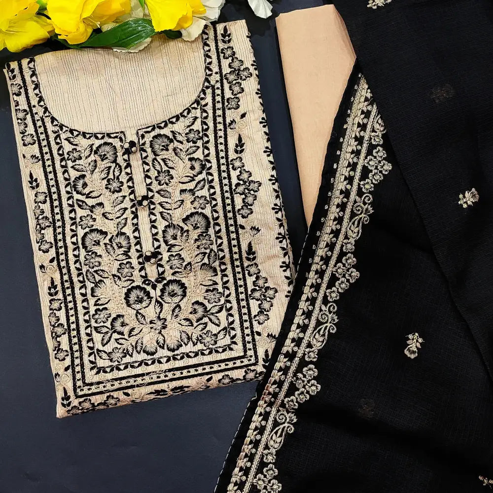 CODE FB01: Beige spun cotton unstitched salwar material embroidered with panel pattern &fancy buttons on yoke(lining