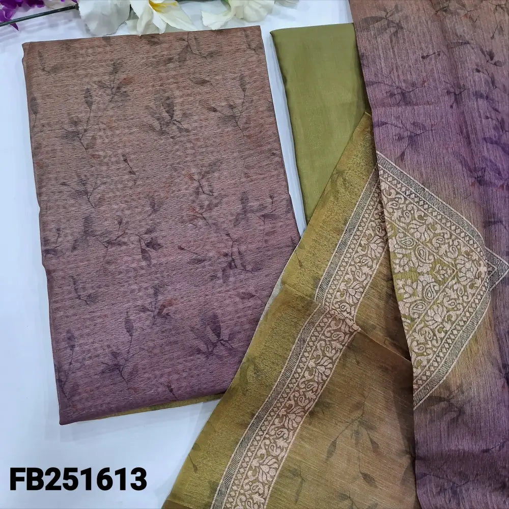 CODE FB251613: Green& light purple digital printed fancy jute silk unstitched salwar material(thin fabric lining