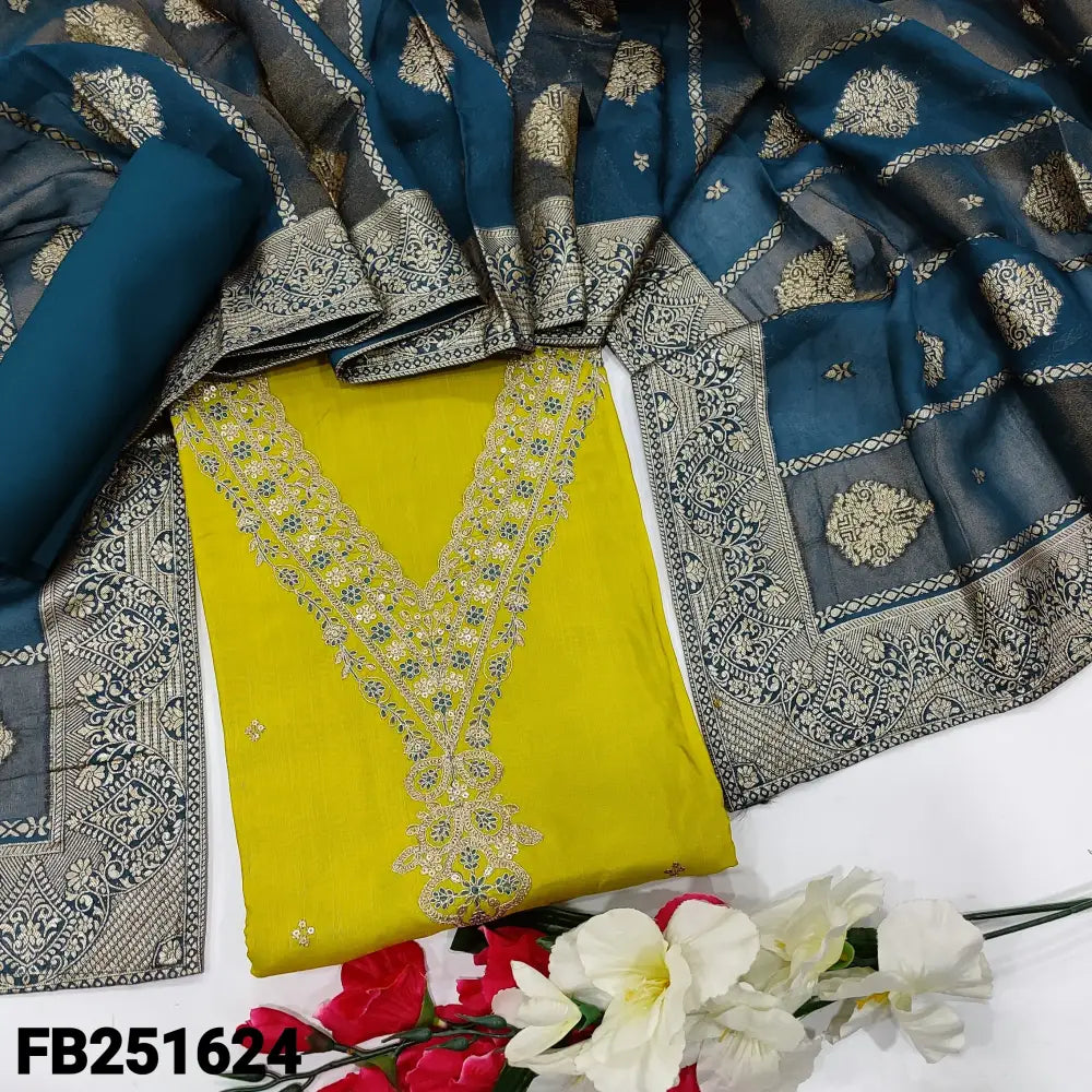 CODE FB251624: Bright mehandhi yellow designer pure maslin silk unstitched salwar material v neck with zari& sequins