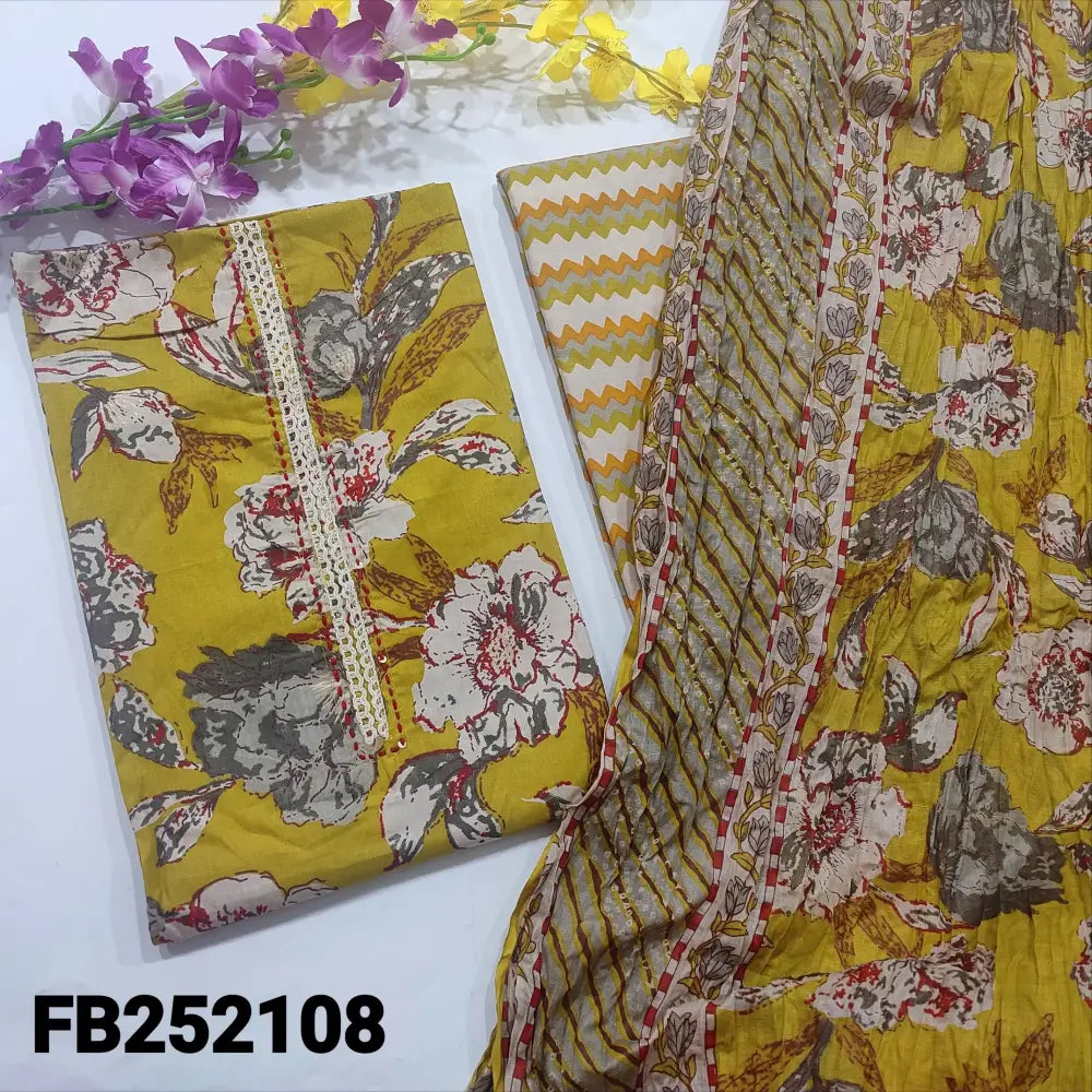 CODE FB252108: Mehandhi yellow floral printed soft cotton unstitched salwar material hand embroidered on yoke(lining