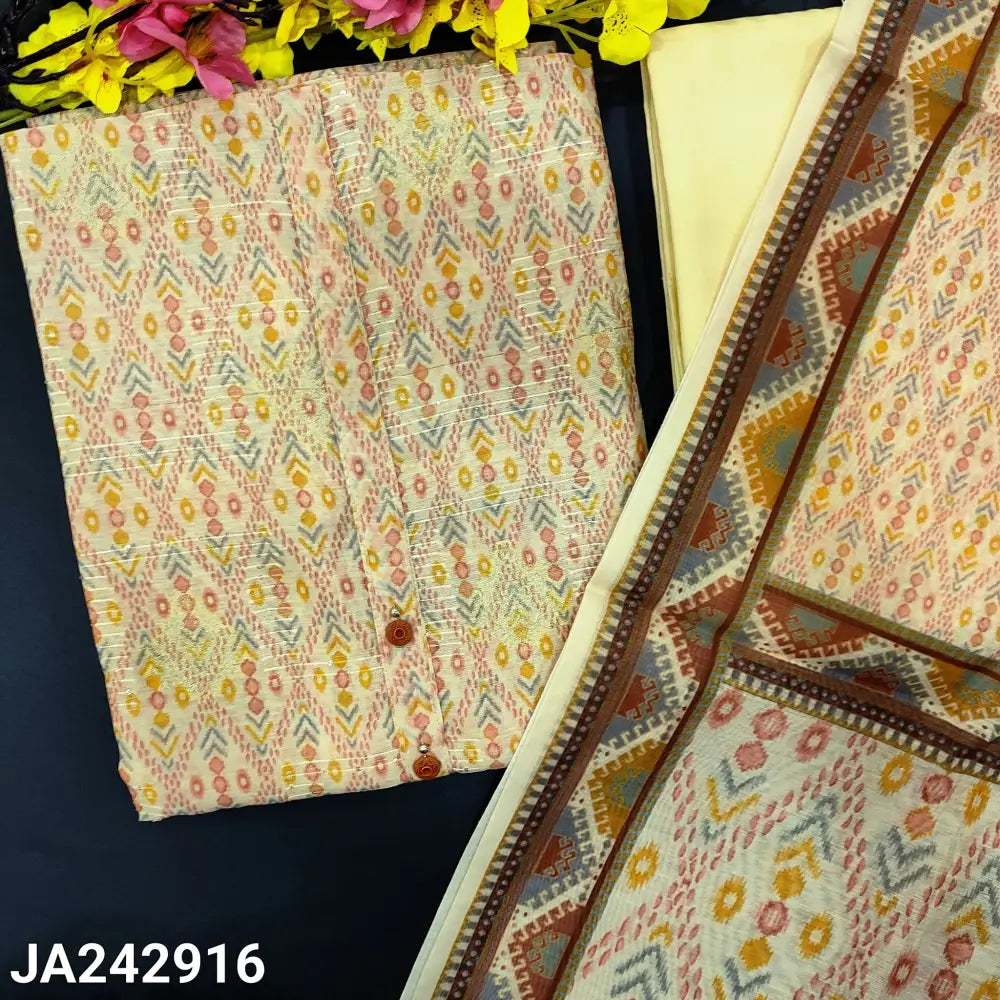 CODE JA242916: Pastel peach lightweight silk cotton digital printed unstitched salwar material,simple yoke,fancy