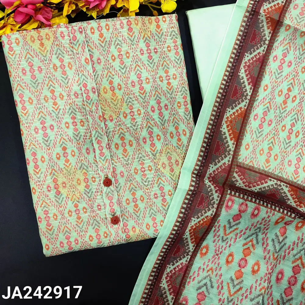 CODE JA242917: Sea green lightweight silk cotton digital printed unstitched salwar material,simple yoke with fancy