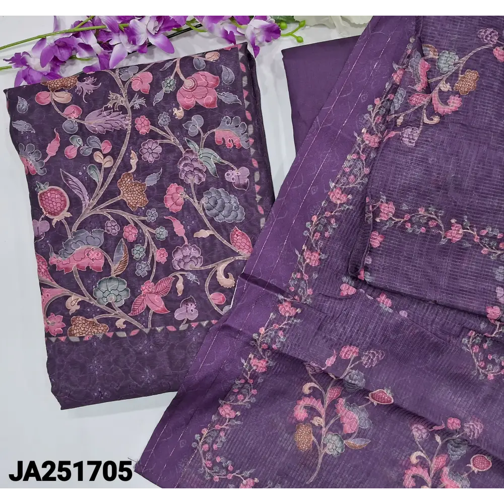 CODE JA251705: Deep wine purple schiffli embroidered digital printed silk cotton unstitched salwar material(thin fabric