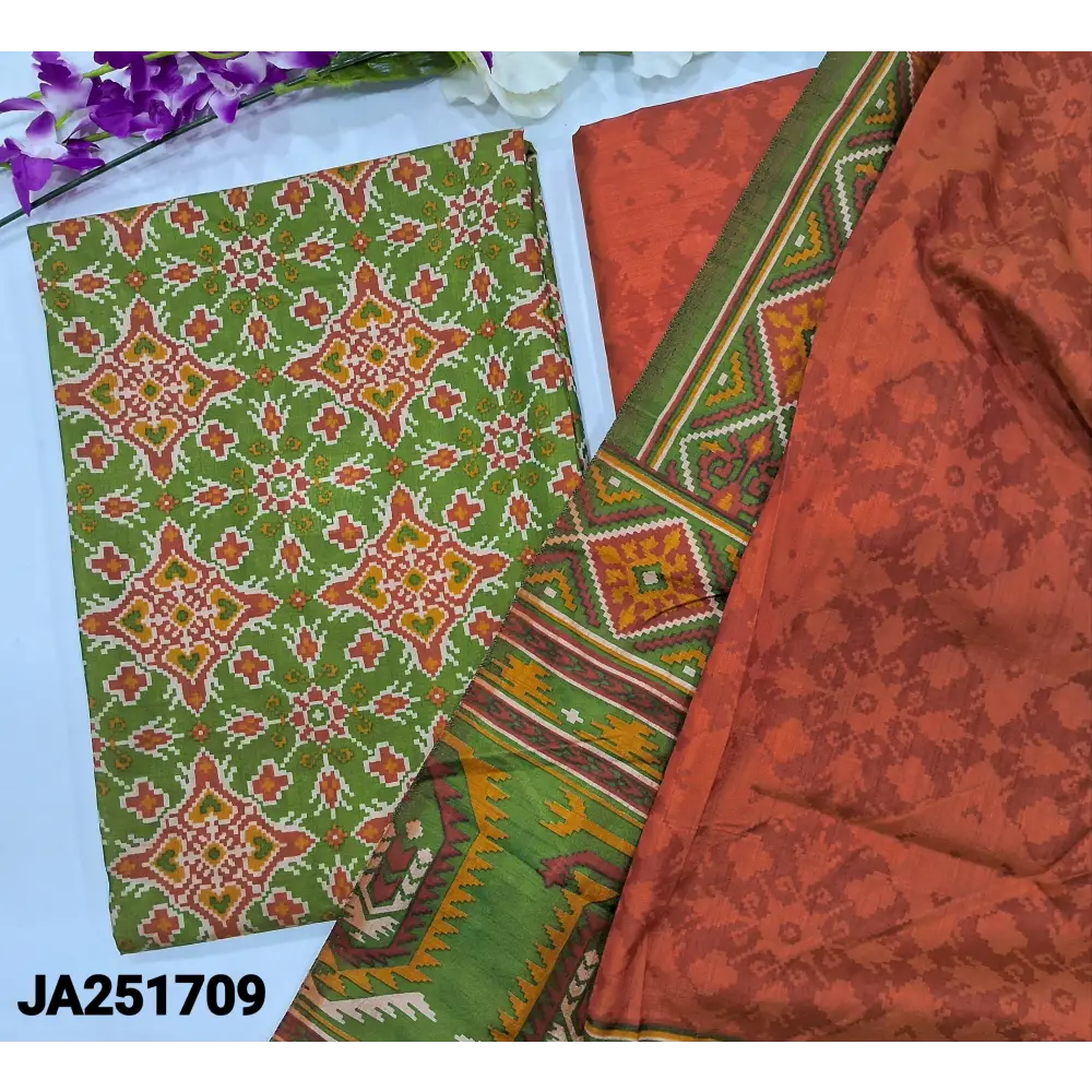 CODE JA251709: Light green ikat printed fancy silk unstitched salwar material(lining needed)brick red sobar patola
