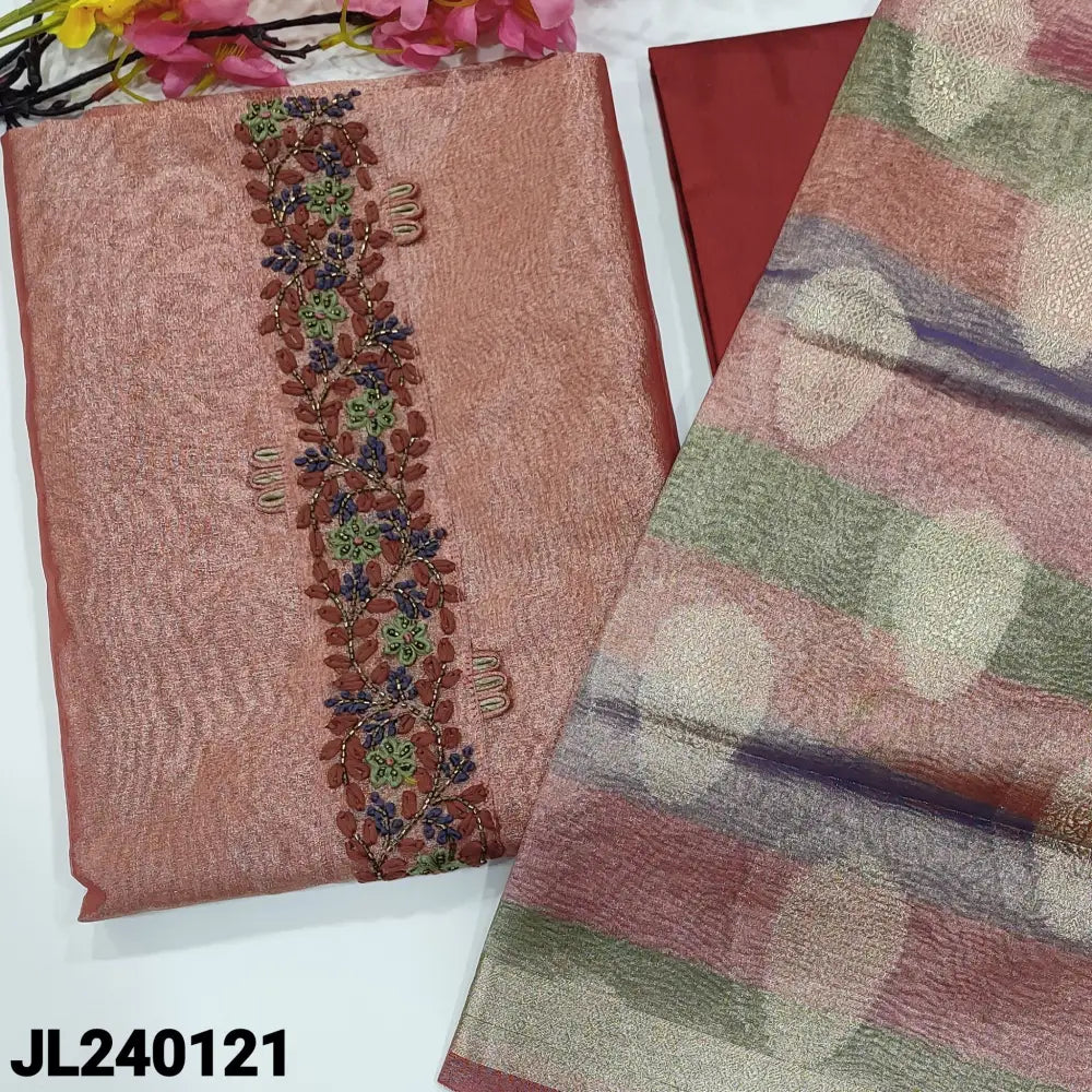 CODE JL240121: Dark peach with golden tint tissue silk cotton unstitched salwar material bead & thread work