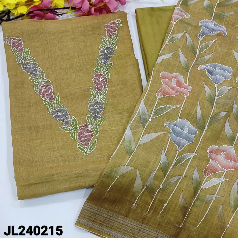 CODE JL240215: Mehandhi yellow pure linen unstitched salwar material v neck with chikankari embroidered& kantha stitch