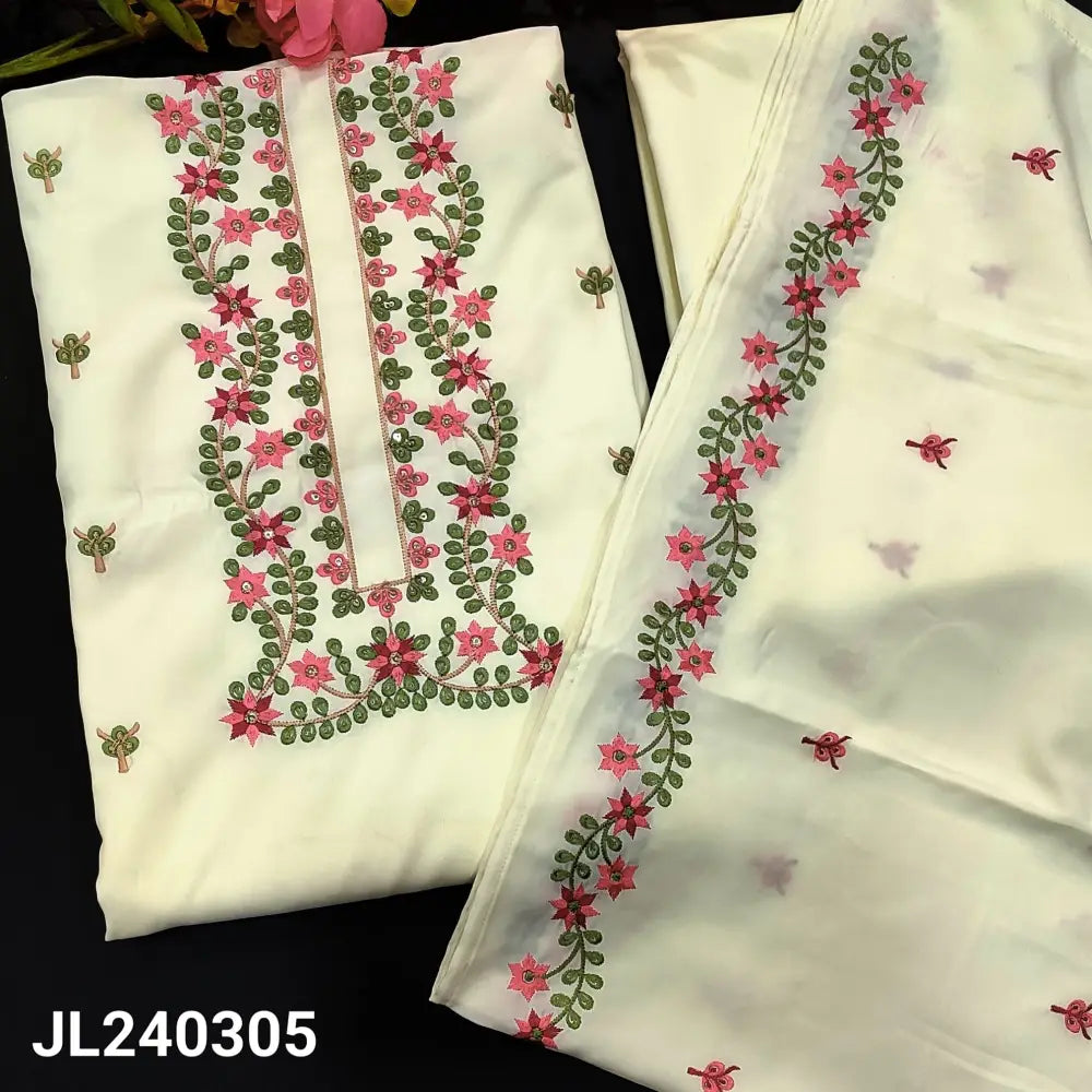 CODE JL240305: Half white fancy silk cotton unstitched salwar material thread& sequins work on yoke(lining