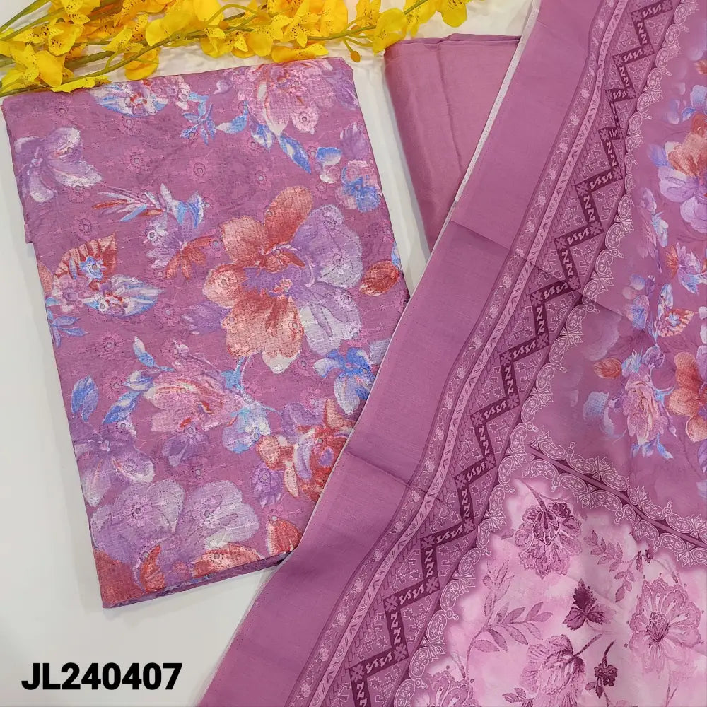 CODE JL240407: Pink shade floral printed glazed cotton unstitched salwar material schiffli embroidered on front(lining